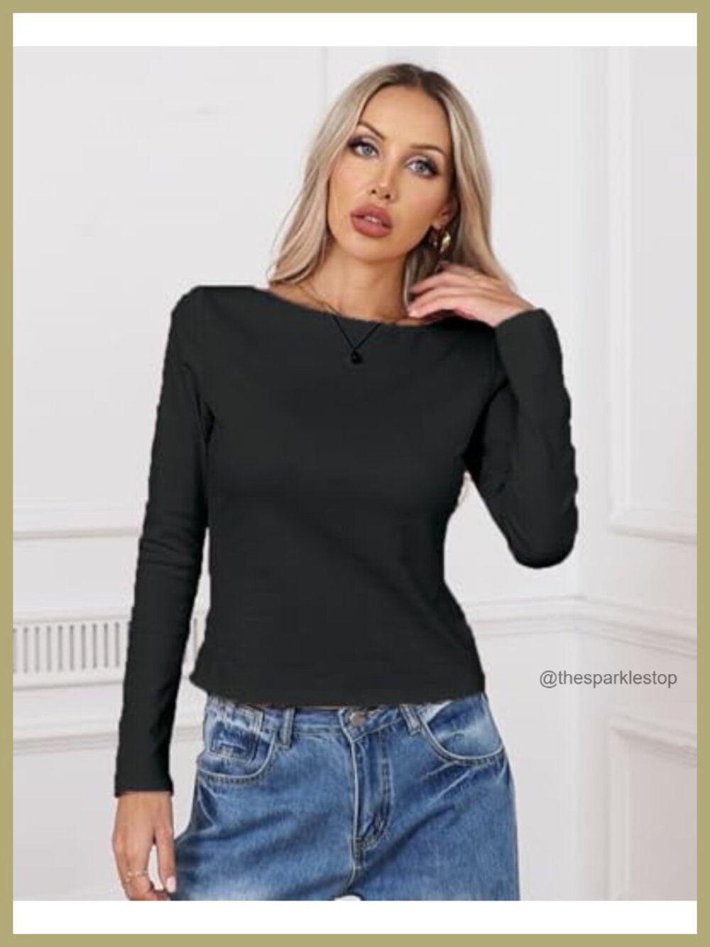 Boat Neck Long Sleeve Crop Top Ribbed Knit Cotton Stretch Tee - Picture 2 of 5